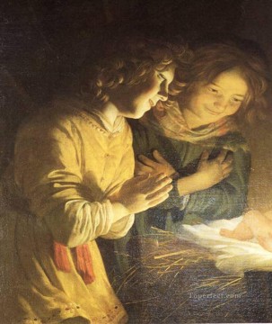  Noche Pintura - La adoración del Niño durante la noche a la luz de las velas Gerard van Honthorst